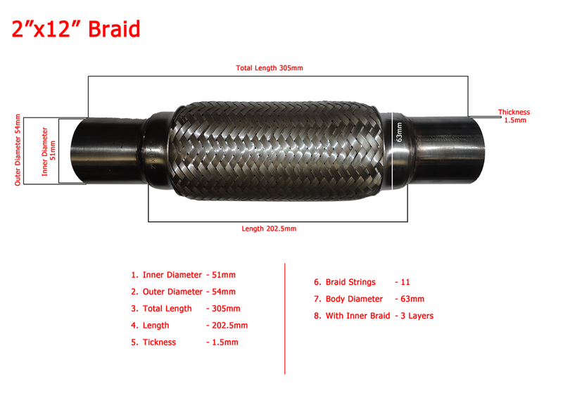 ท่อไอเสีย WPR 2 นิ้ว x 12 นิ้ว (OD54 X 203/303) พร้อมสายถักเปียด้านใน 3 ชั้น 51มม. x 54มม. x 303มม. x 79มม. (003292)