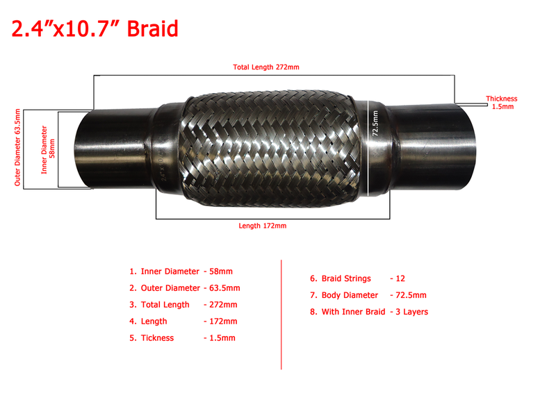 ท่อไอเสีย WPR 2.4 นิ้ว x10.7 นิ้ว (OD63.5 x 173/273) ถักเปียด้านใน 3 ชั้น 60.5มม. x 63.5มม. x 270มม. x 86มม. (003298)