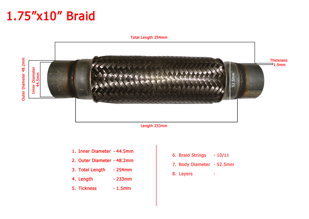 WPR Exhaust Pipe, 1.75"x10", 3-Layer, Inner Braid, Durable & Heat-Resistant